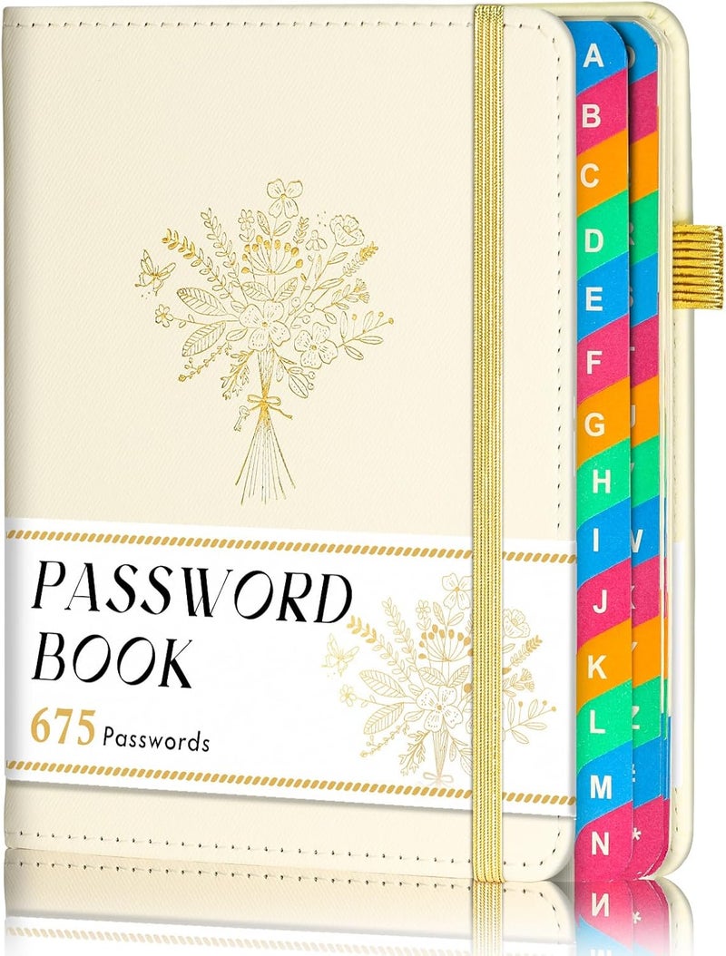 hi!SCI Password Keeper Book with Colorful Alphabetical Tabs, Small Pocket Password Logbook for Seniors, 4.7 x 6.2" Internet Website Address Organizer, Stores 675 Passwords (White) - Image 1